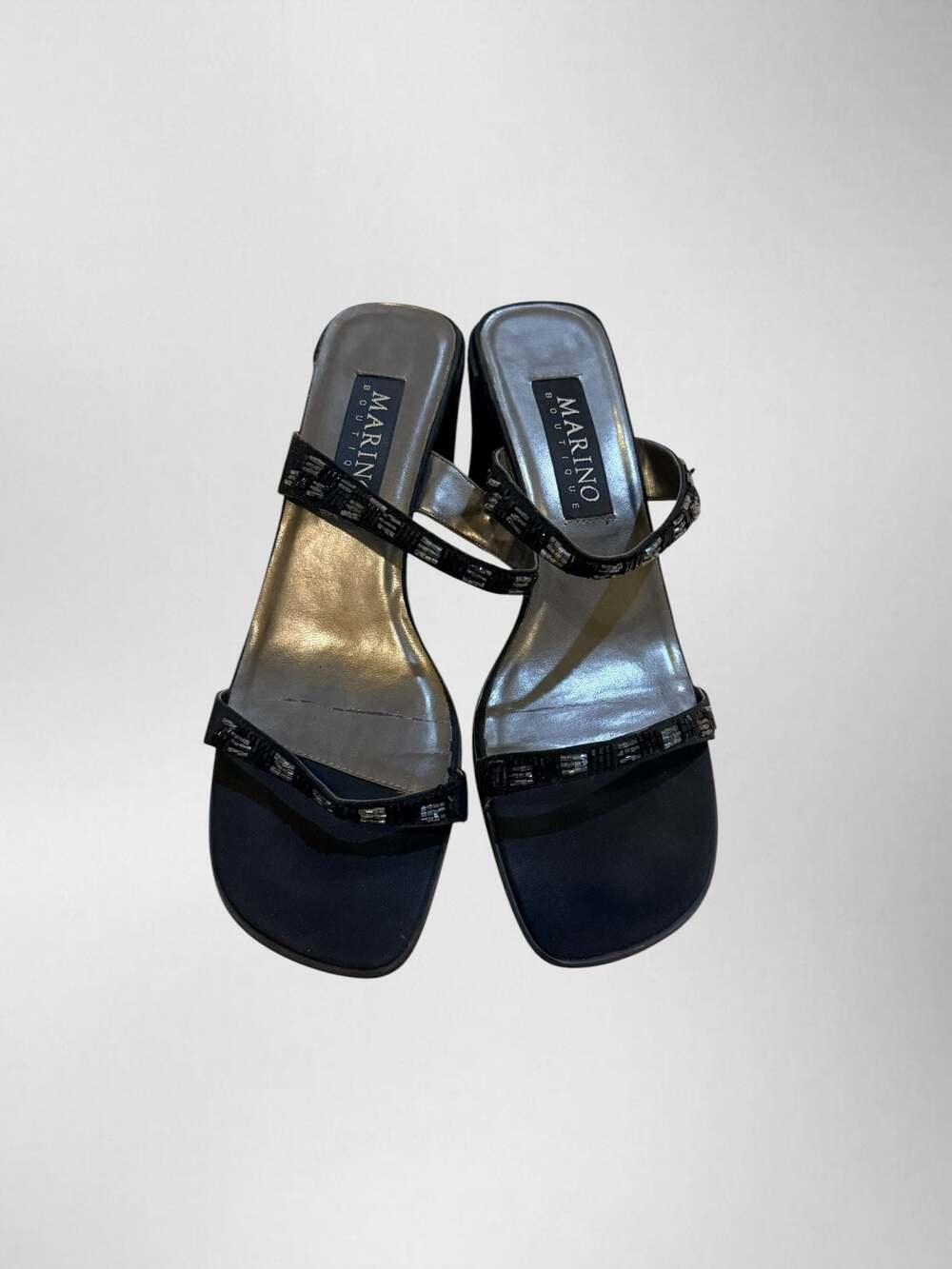 Ann Marino Boutique Black Satin Beaded Strappy Square Toe Heeled Mules